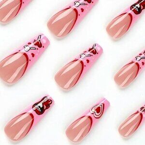 NWT 24 PCs Long Square Coffin Press-On Fake Nails Love Harts Design French Pink